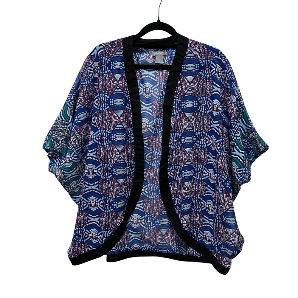 Angie‎ Womens Blue Geometric Tribal Print Open Front Kimono Cardigan Large